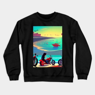 COOL GIRL ON BEACH WITH MOTORCYCLE RETRO Crewneck Sweatshirt